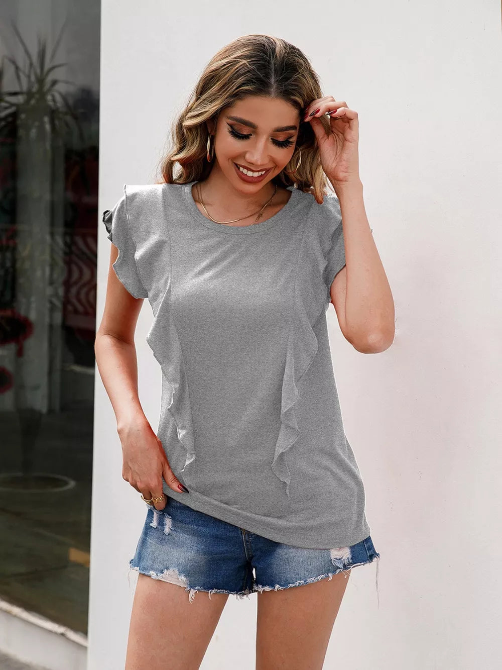 Ruffled Round Neck Cap Sleeve T-shirt (10)