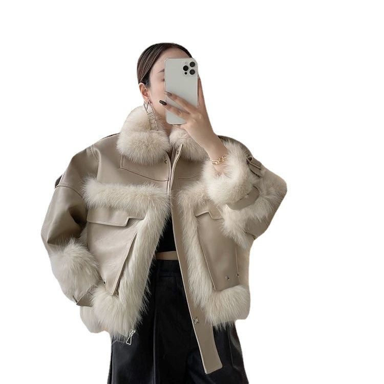 Sense Fox Fur Stitching Leather Coat photo 14