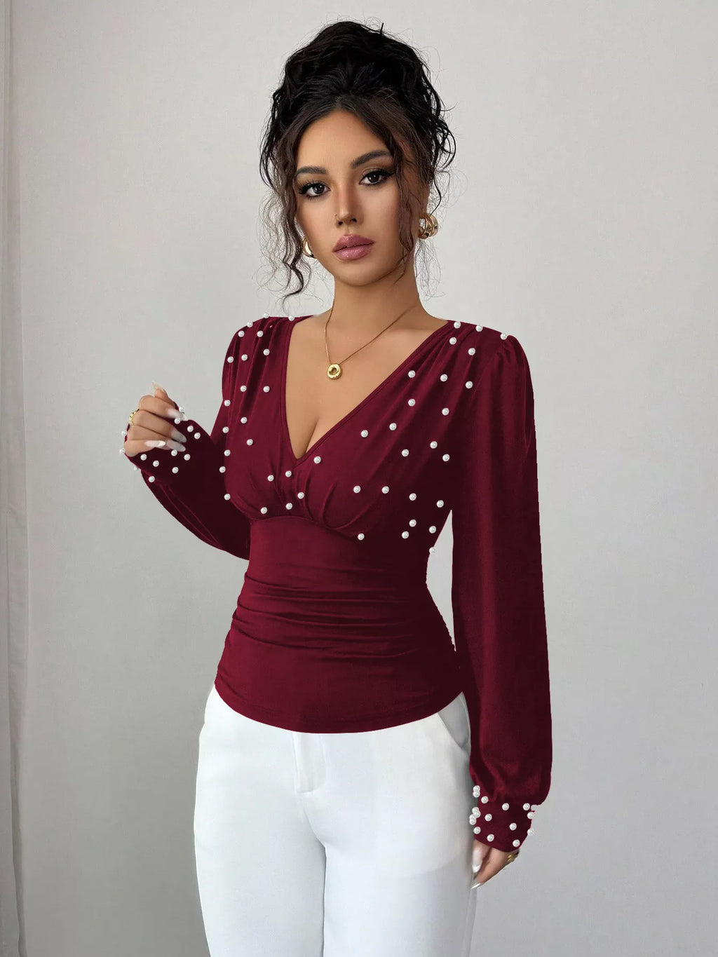 Pearl Embellished V-neck Blouse (4)