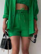 Texture Button Up Shirt Drawstring Shorts Set (3)
