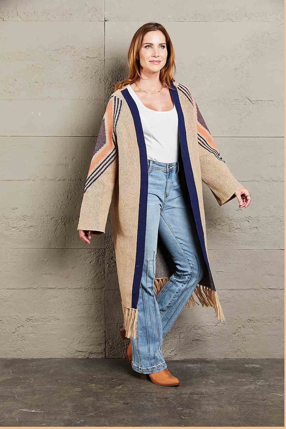 Geometric Fringe Hem Open Front Duster Cardigan (4)