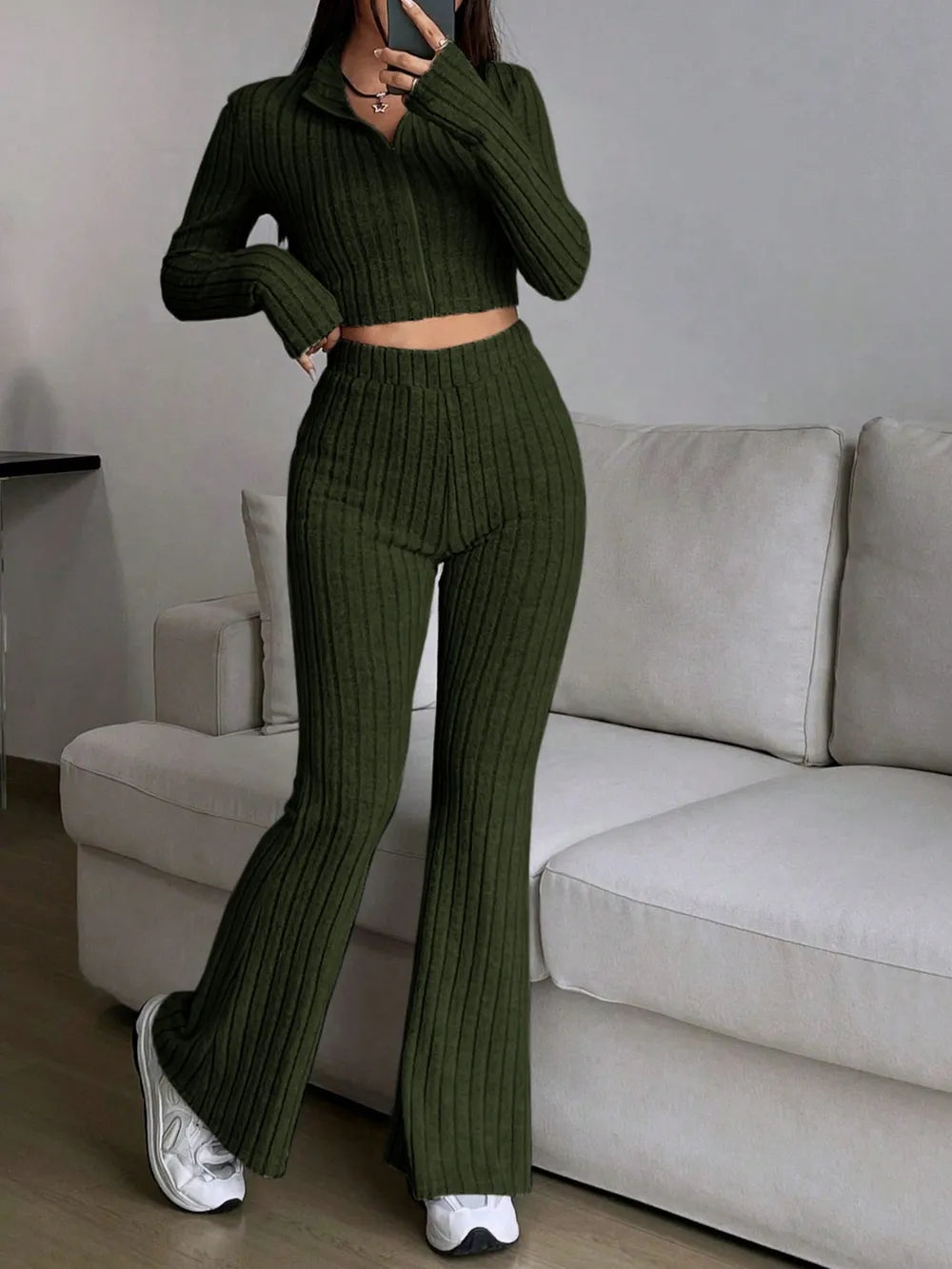 Zip Up Long Sleeve Top Pants Set (11)
