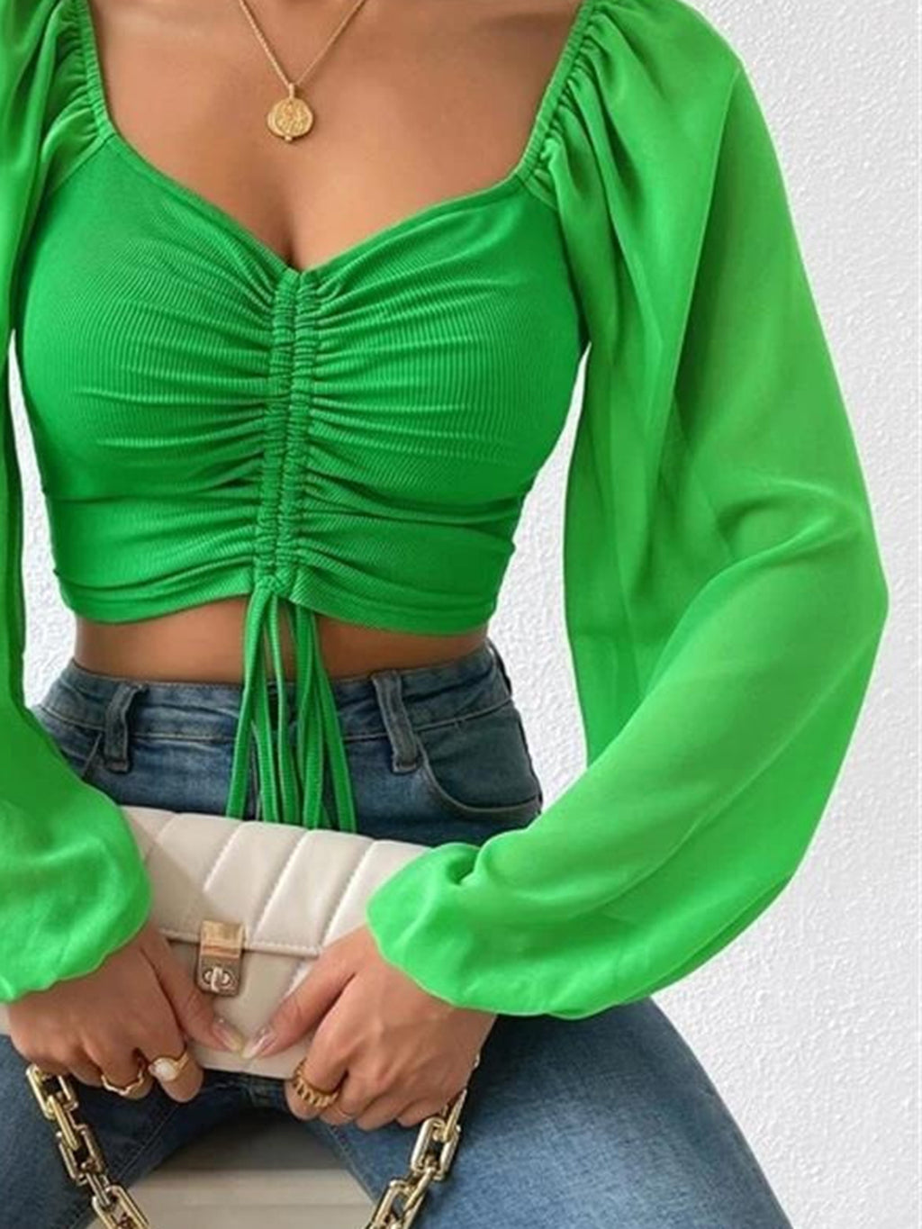 Drawstring Sweetheart Neck Cropped Top (24)