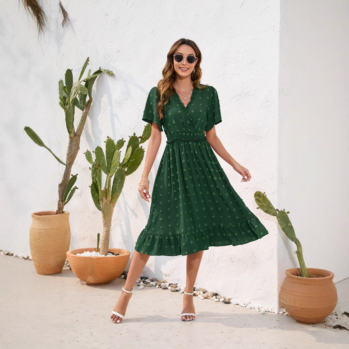 V-neck High Waist Tied Dress Fur Ball Short Sleeve photo 1