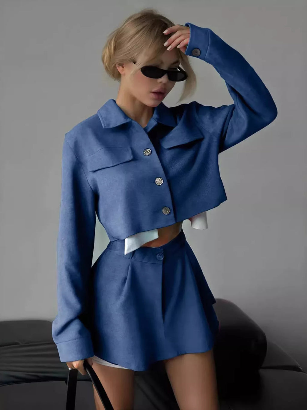 Button Up Cropped Jacket Mini Skirt Set (4)