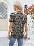 Ruched Printed Notched Short Sleeve Blouse (23)