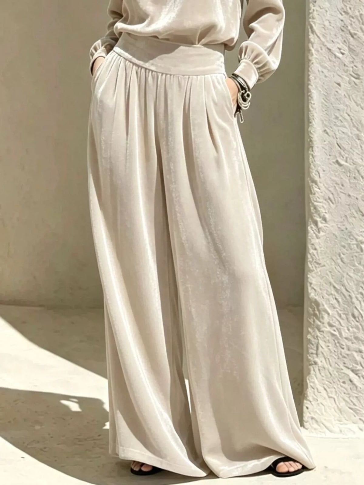 Velvet Mock Neck Long Sleeve Top Wide-leg Pants Set (6)