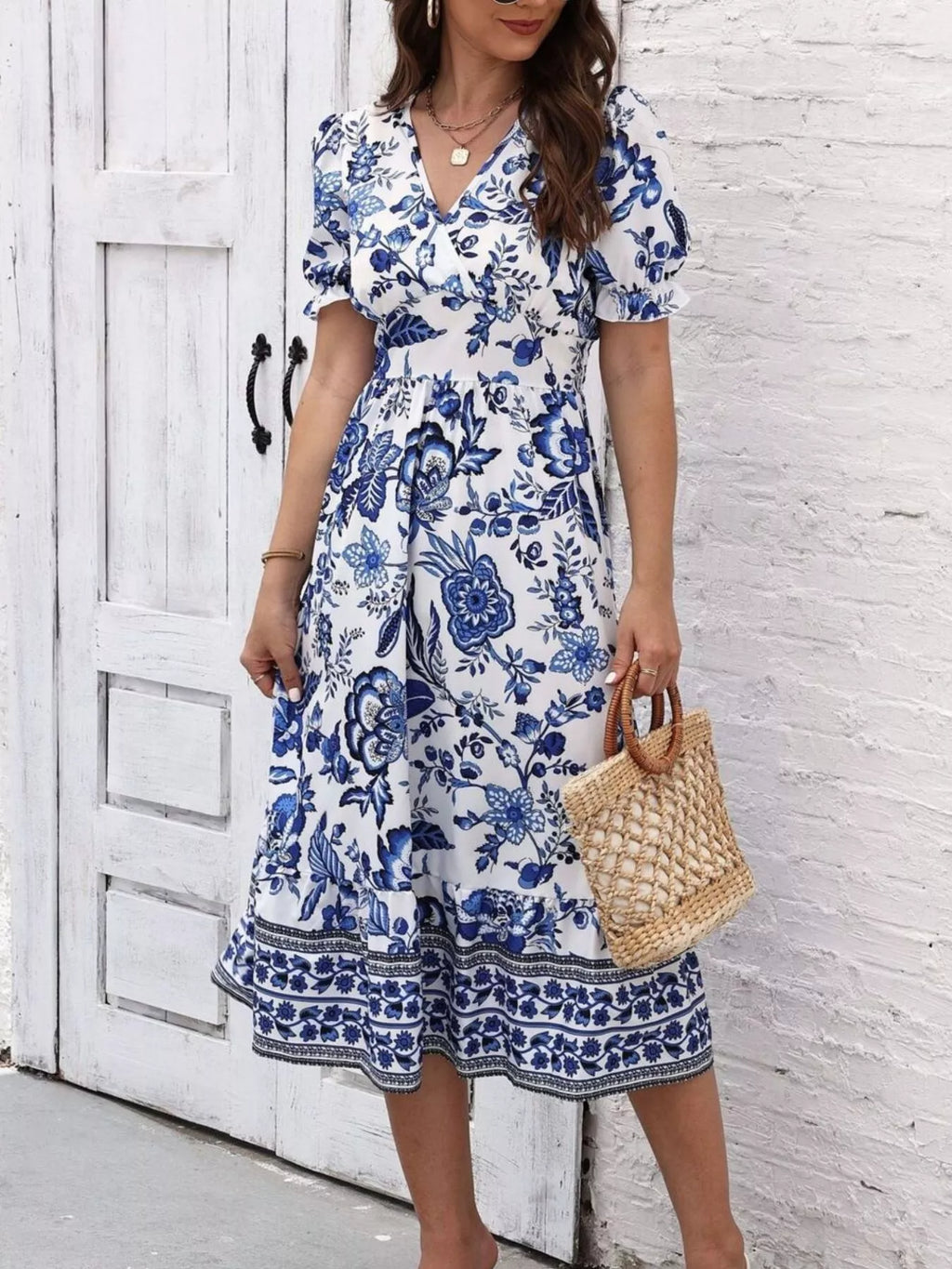 Floral Print Puff Sleeve Wrap Midi Dress (3)