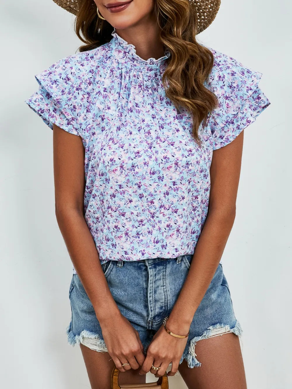 Ditsy Floral Mock Neck Flounce Sleeve Blouse (4)