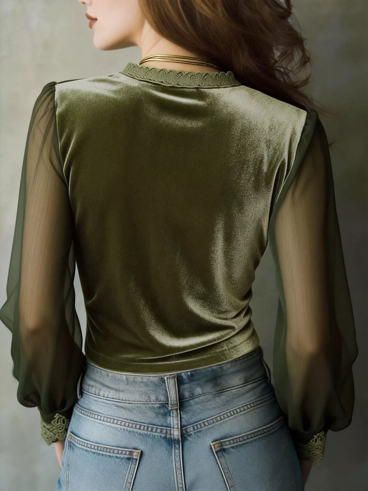Lace Trim Sheer Long Sleeve Blouse (2)
