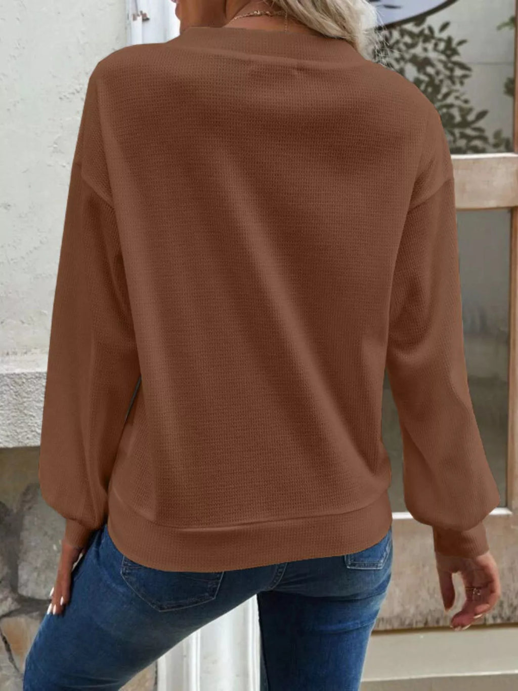 Casual V-neck Waffle Long Sleeve Top (14)
