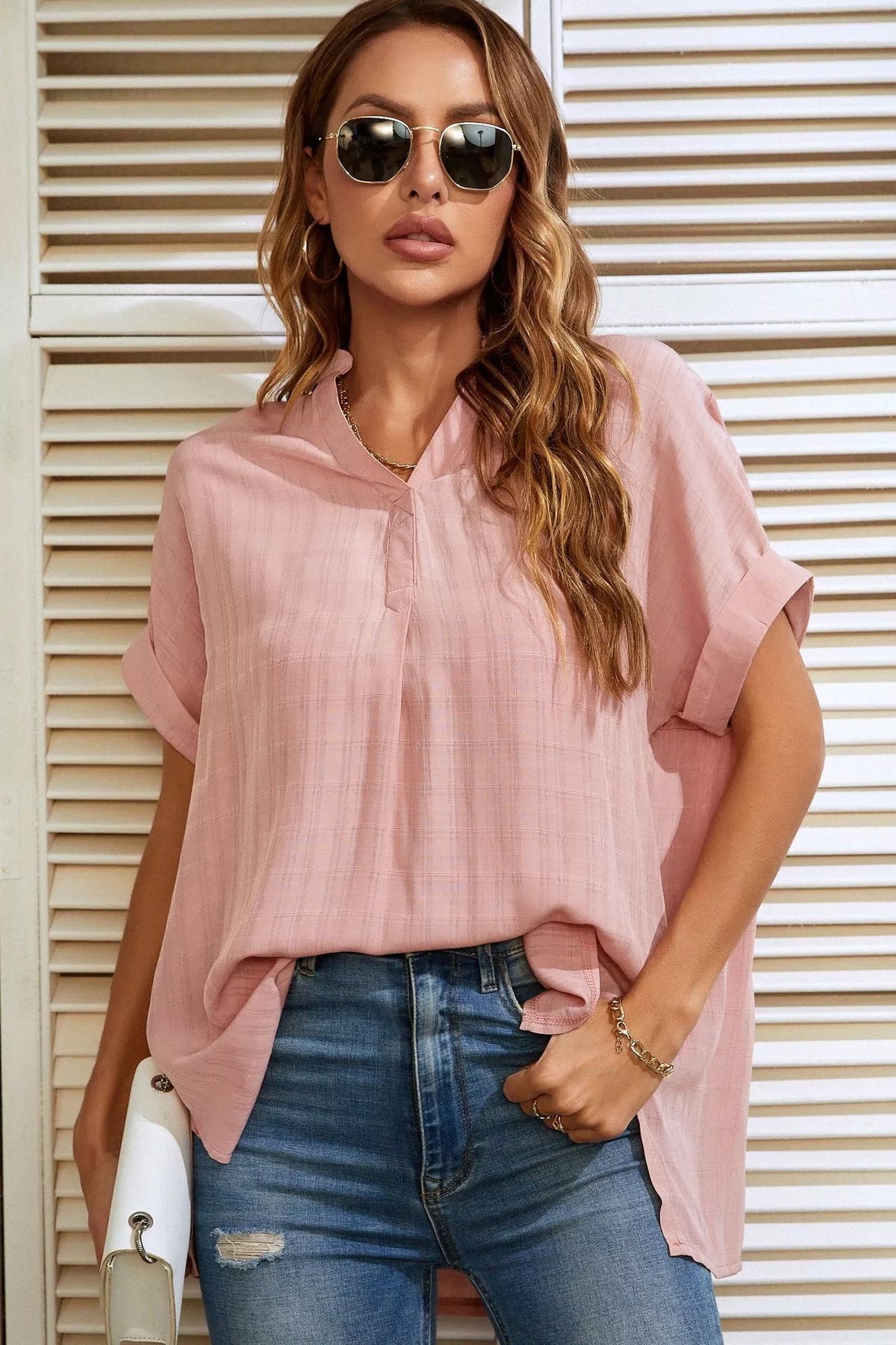 Notched Short Sleeve Blouse (13)