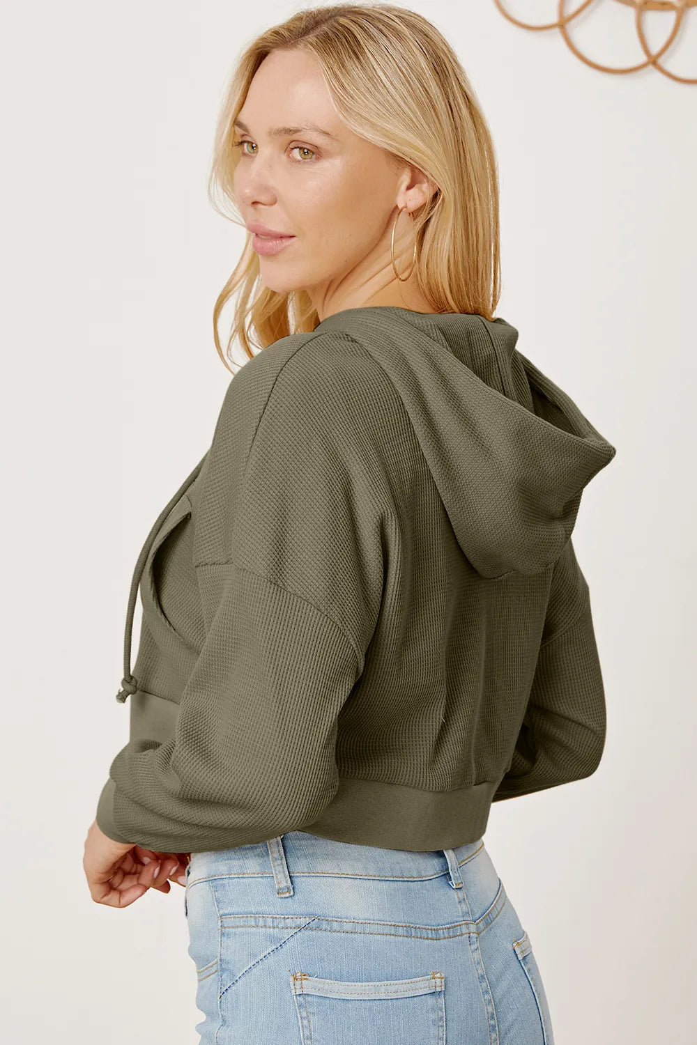 Waffle-knit Drawstring Zip Up Hoodie (11)