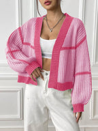 Color-block Ribbed Knit Open-front Cropped Cardigan (3)