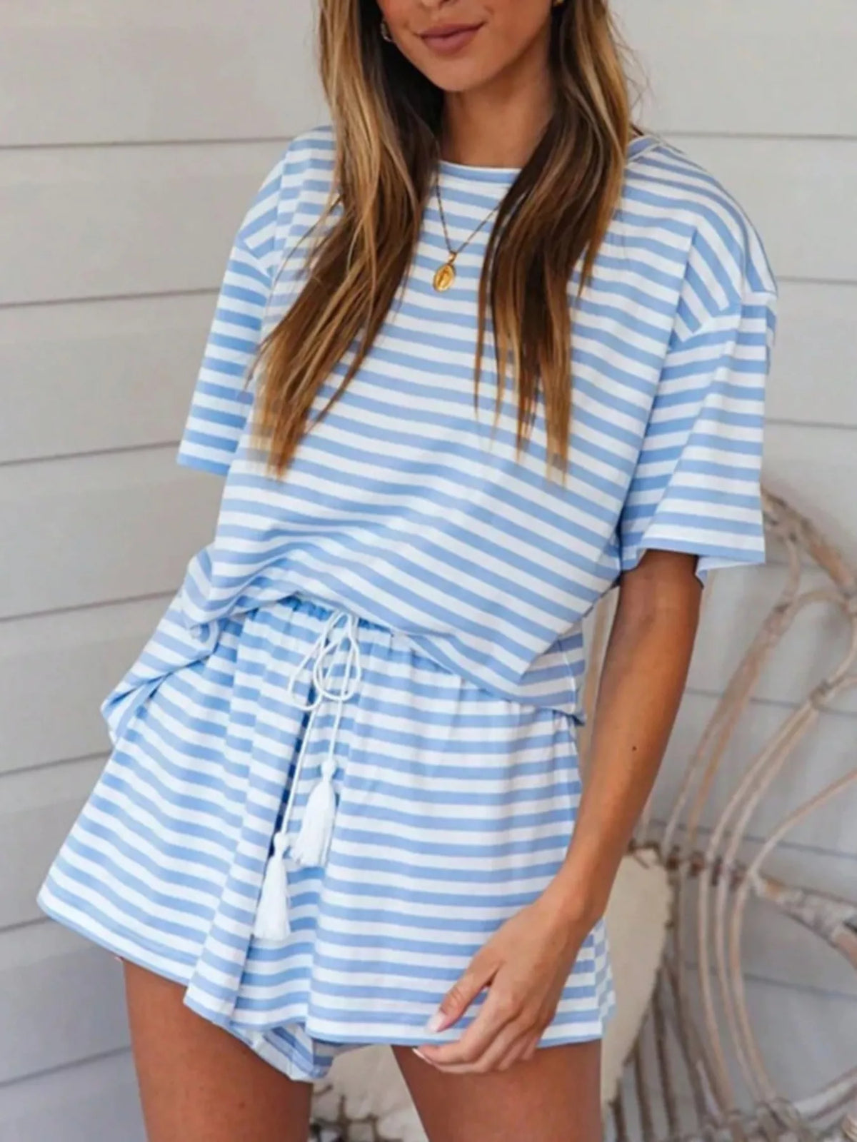 Striped Short Sleeve Tee Drawstring Shorts Set (8)
