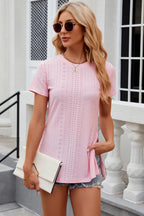 Eyelet Slit Round Neck Short Sleeve T-shirt (15)