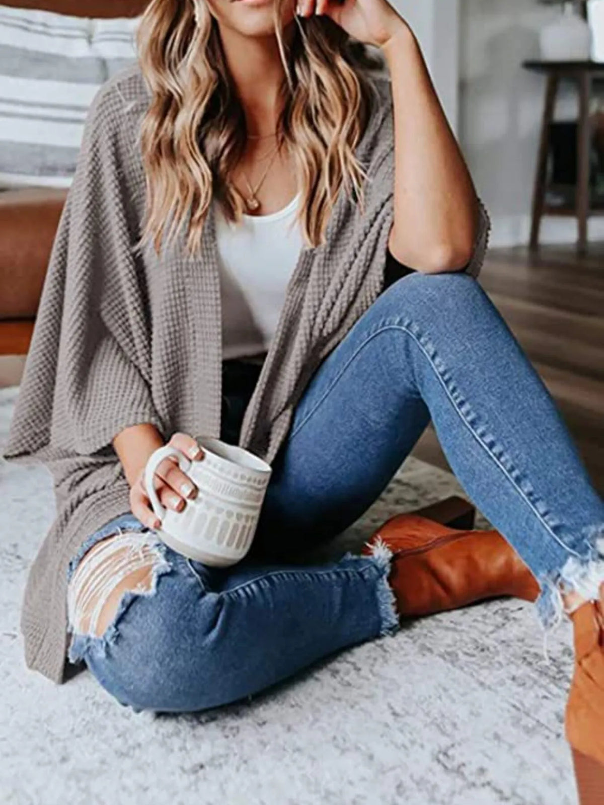 Full Size Open Front Waffle Knit Cardigan Plus (27)