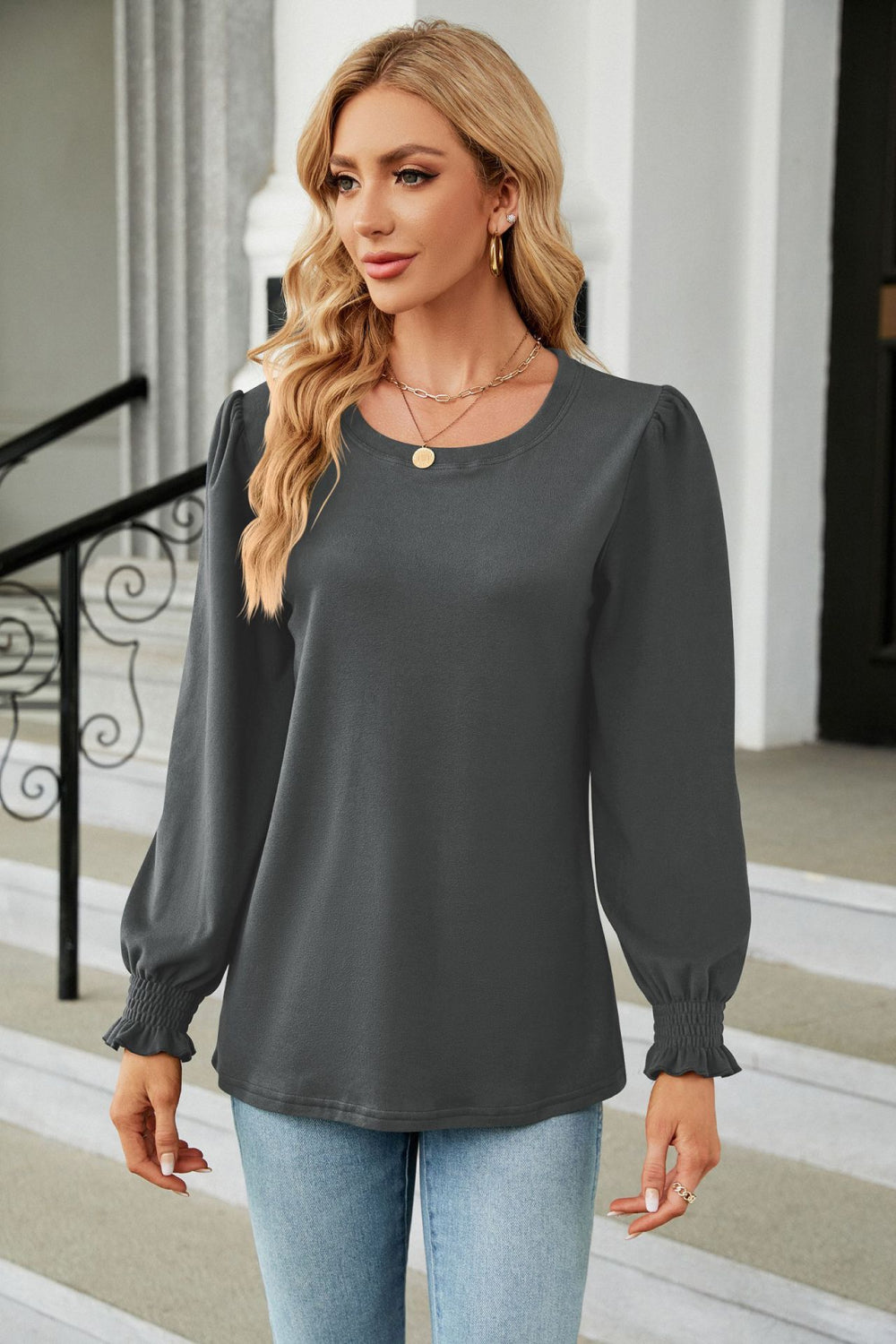 Round Neck Smocked Flounce Sleeve Blouse (5)