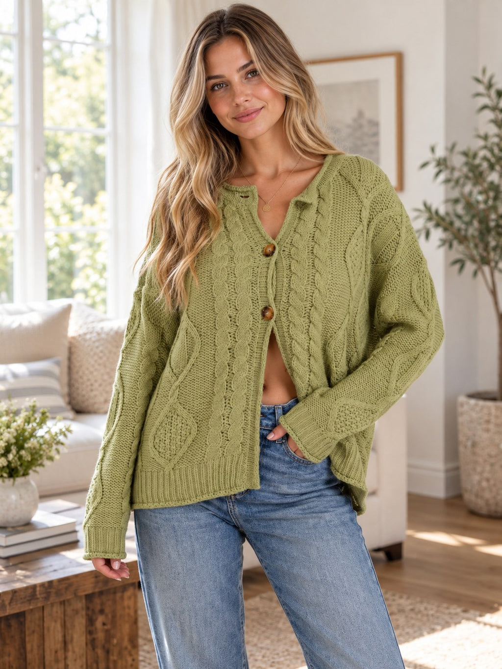 Cable-knit Button-down Cardigan styled on a model