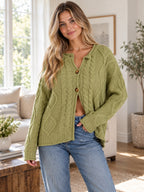 Cable-knit Button-down Cardigan styled on a model