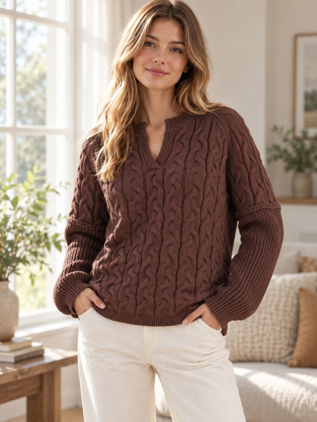 Cable-knit Dropped Shoulder Sweater styled on a model