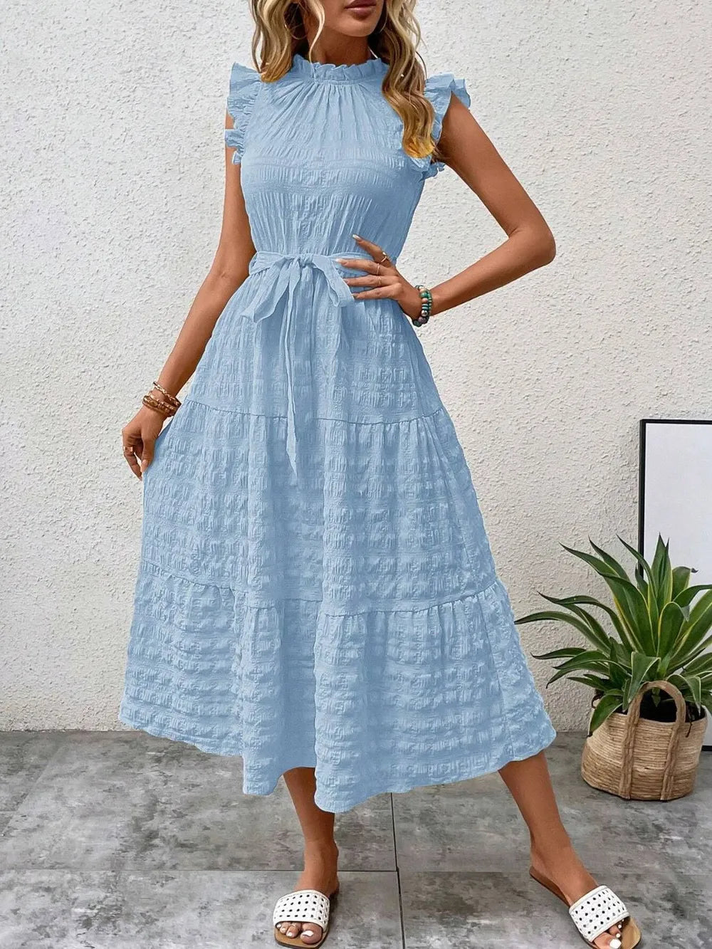 Tied Ruffled Cap Sleeve Midi Dress (6)
