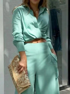 Long Sleeve Shirt Wide Leg Pants Set (18)