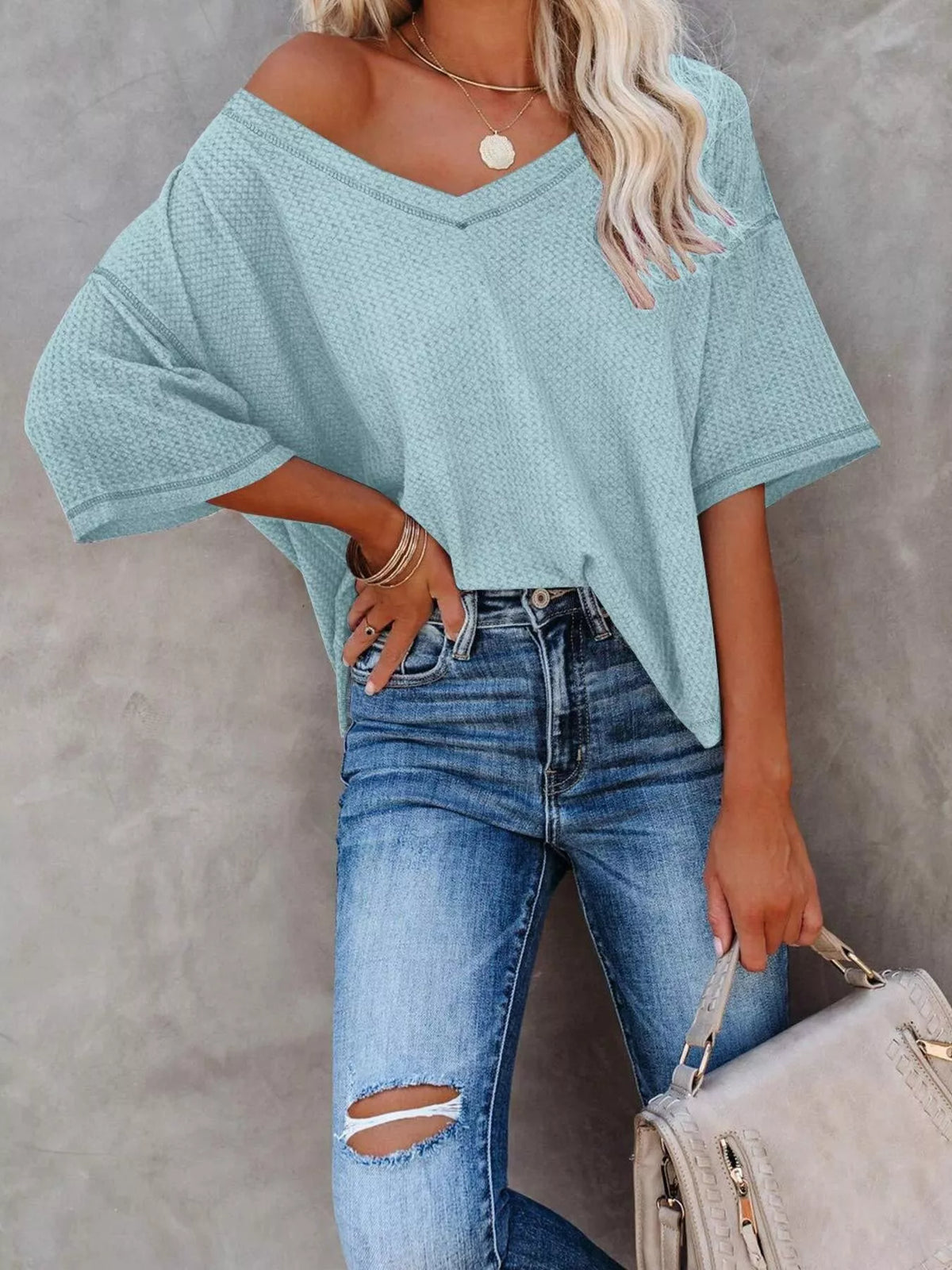 Waffle Knit V-neck Short Sleeve T-shirt (19)