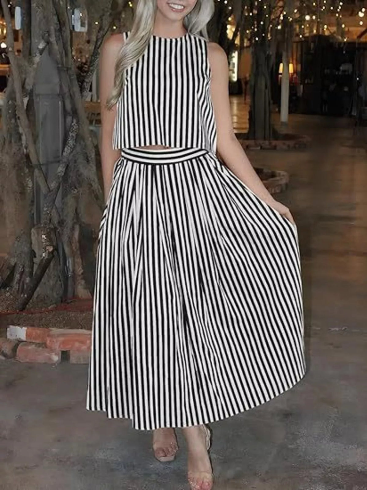 Striped Sleeveless Top Midi Skirt Two-piece Set (5)