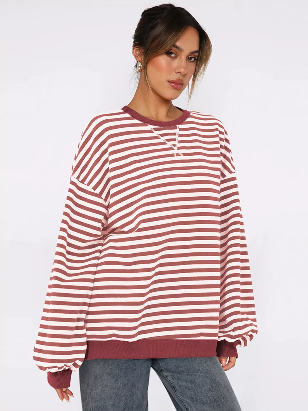 Striped Round Neck Long Sleeve Sweatshirt (4)