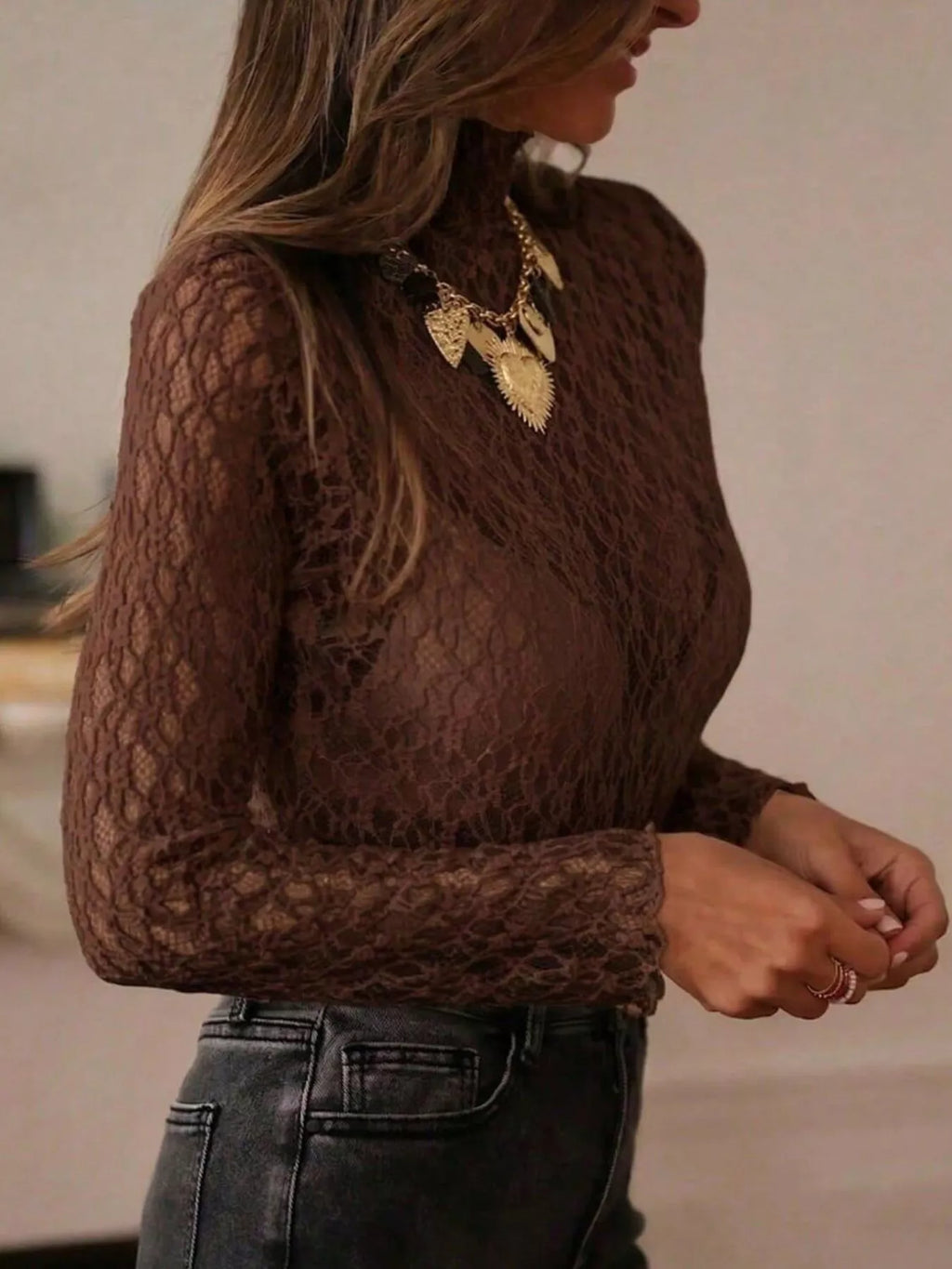 Mock Neck Sheer Lace Long Sleeve Top (16)