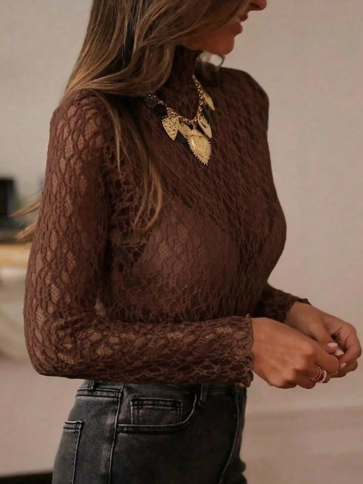 Mock Neck Sheer Lace Long Sleeve Top (16)