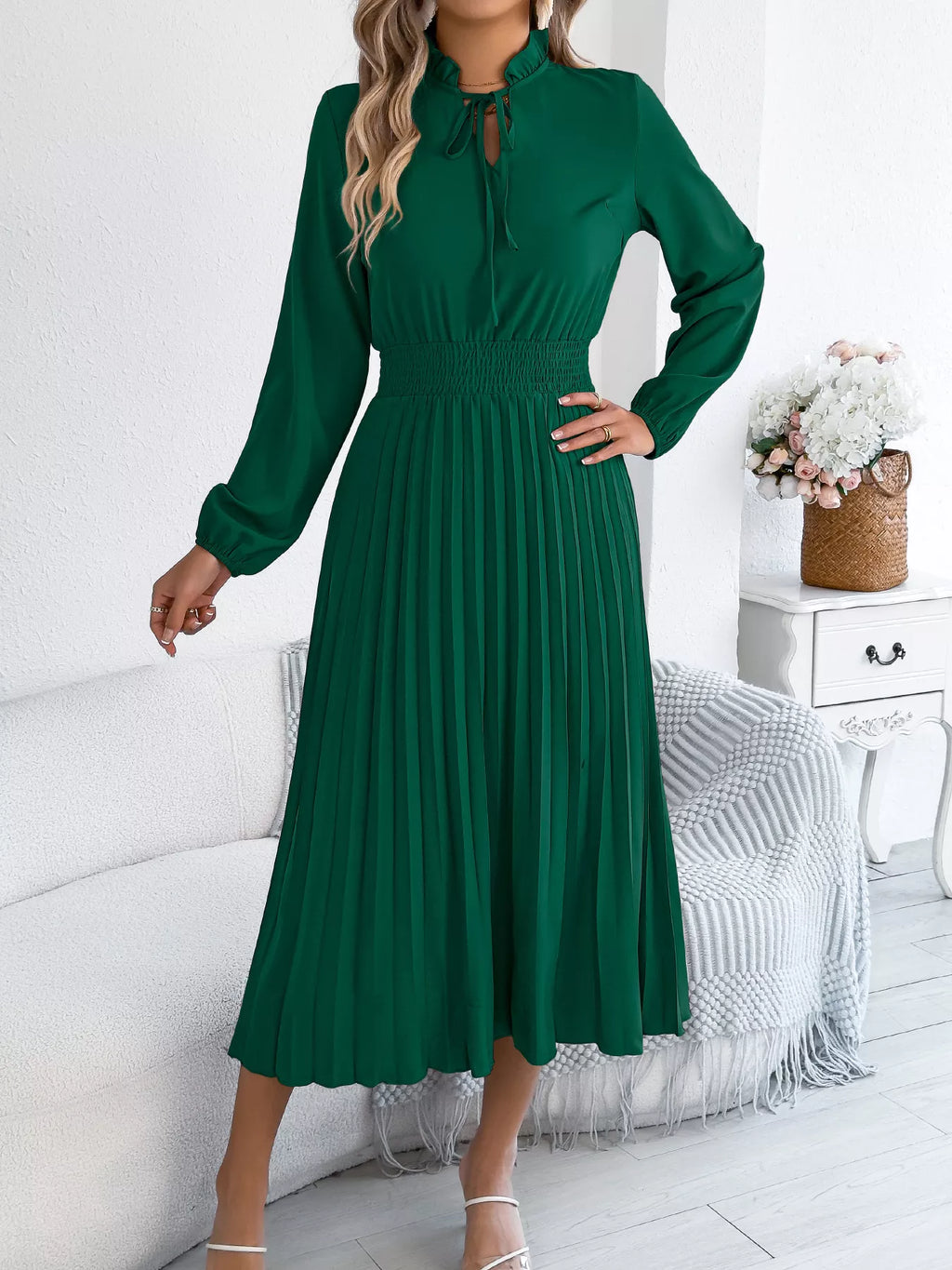 Smocked Pleated Tie Neck Dress (2)
