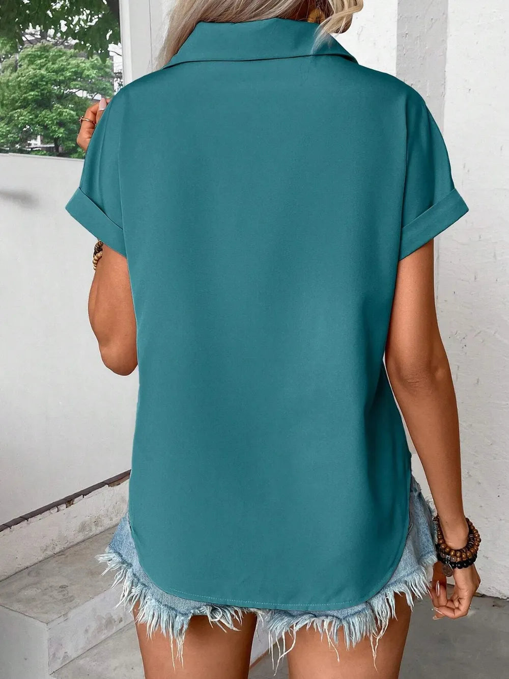 Pleated Detail Collared Neck Short Sleeve Shirt (5)