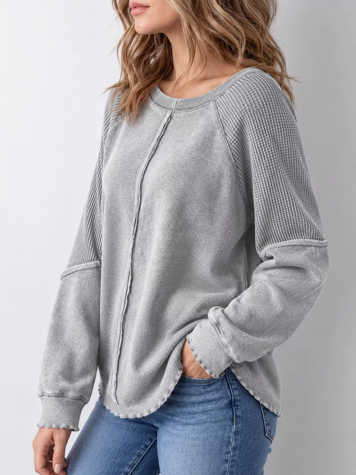 Waffle Knit Raglan Sleeve Sweatshirt (6)