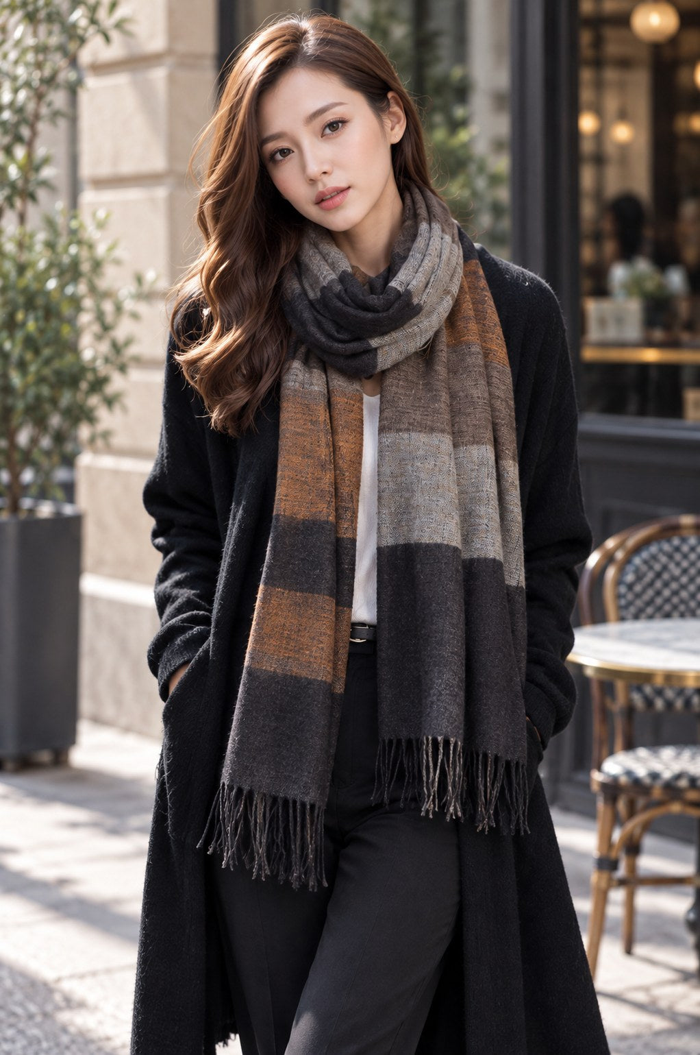 Cashmere Striped Checked Shawl styled on a model