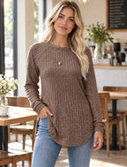 Casual Ribbed Knit Long Sleeve T-shirt styled on a model