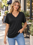 Casual V-neck Short Sleeve T-shirt styled on a model