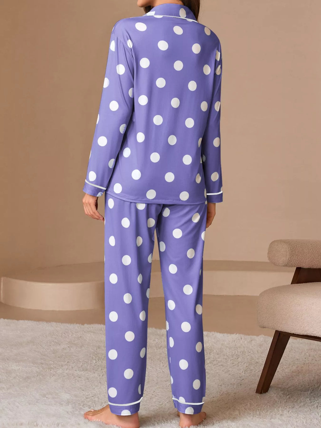Polka Dot Button-down Top Pants Lounge Set (9)
