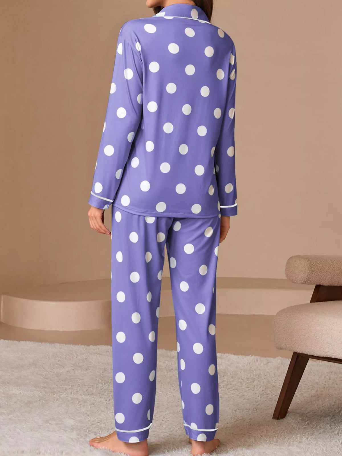 Polka Dot Button-down Top Pants Lounge Set (9)