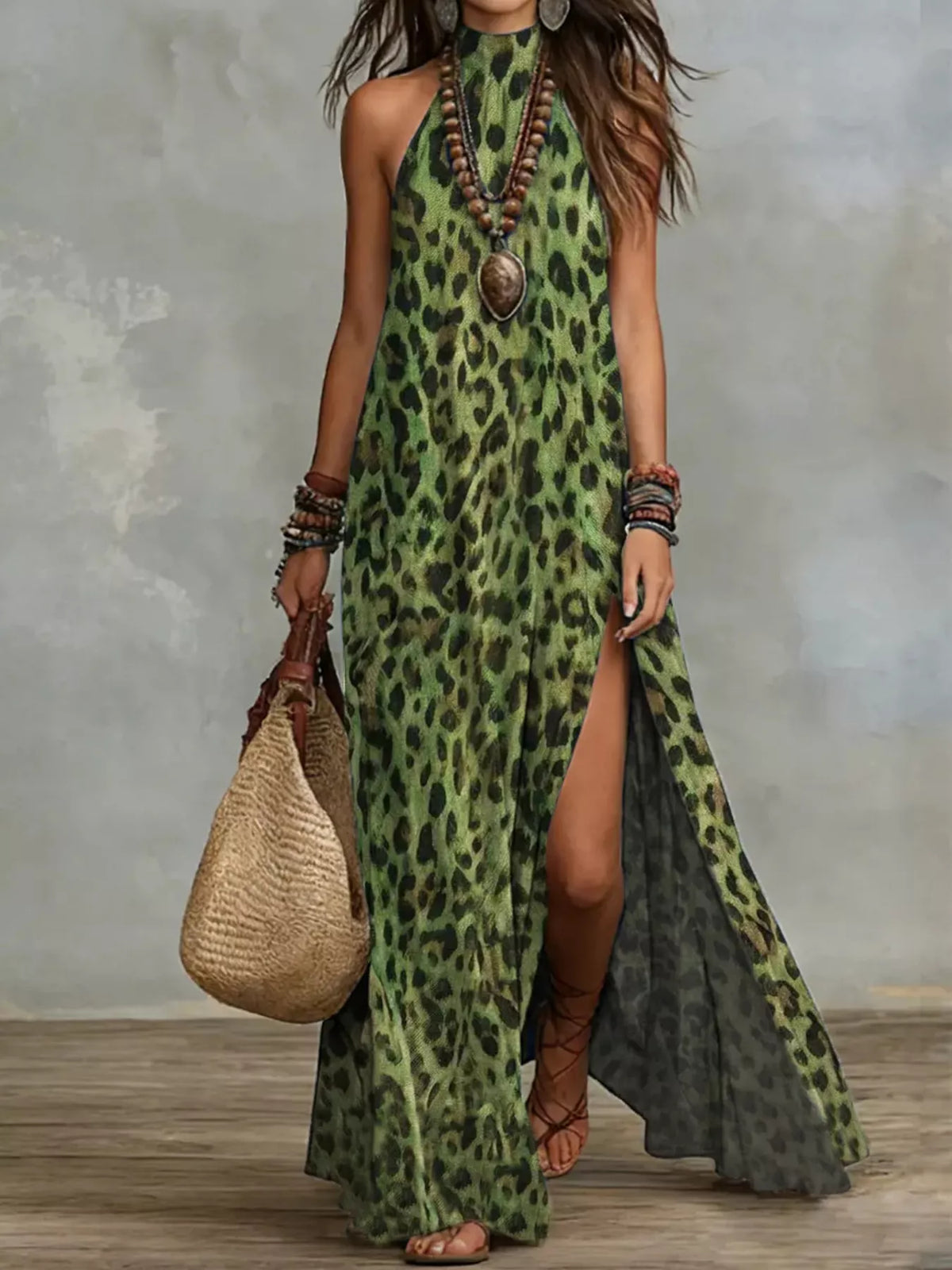Leopard Print Sleeveless Maxi Dress Side Slit (3)