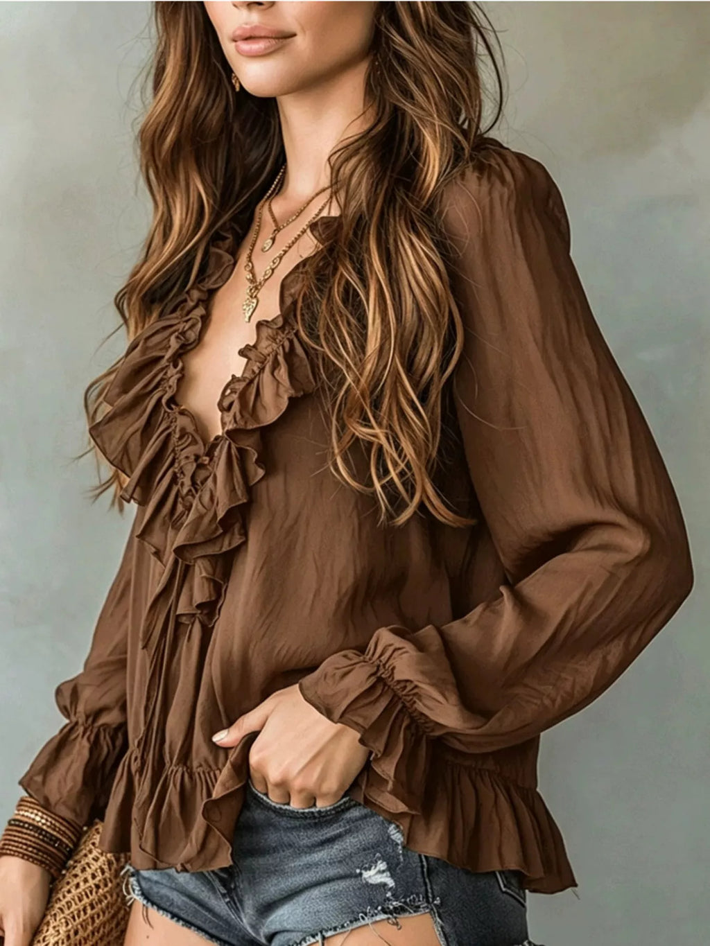 Ruffle V-neck Long Sleeve Blouse (15)