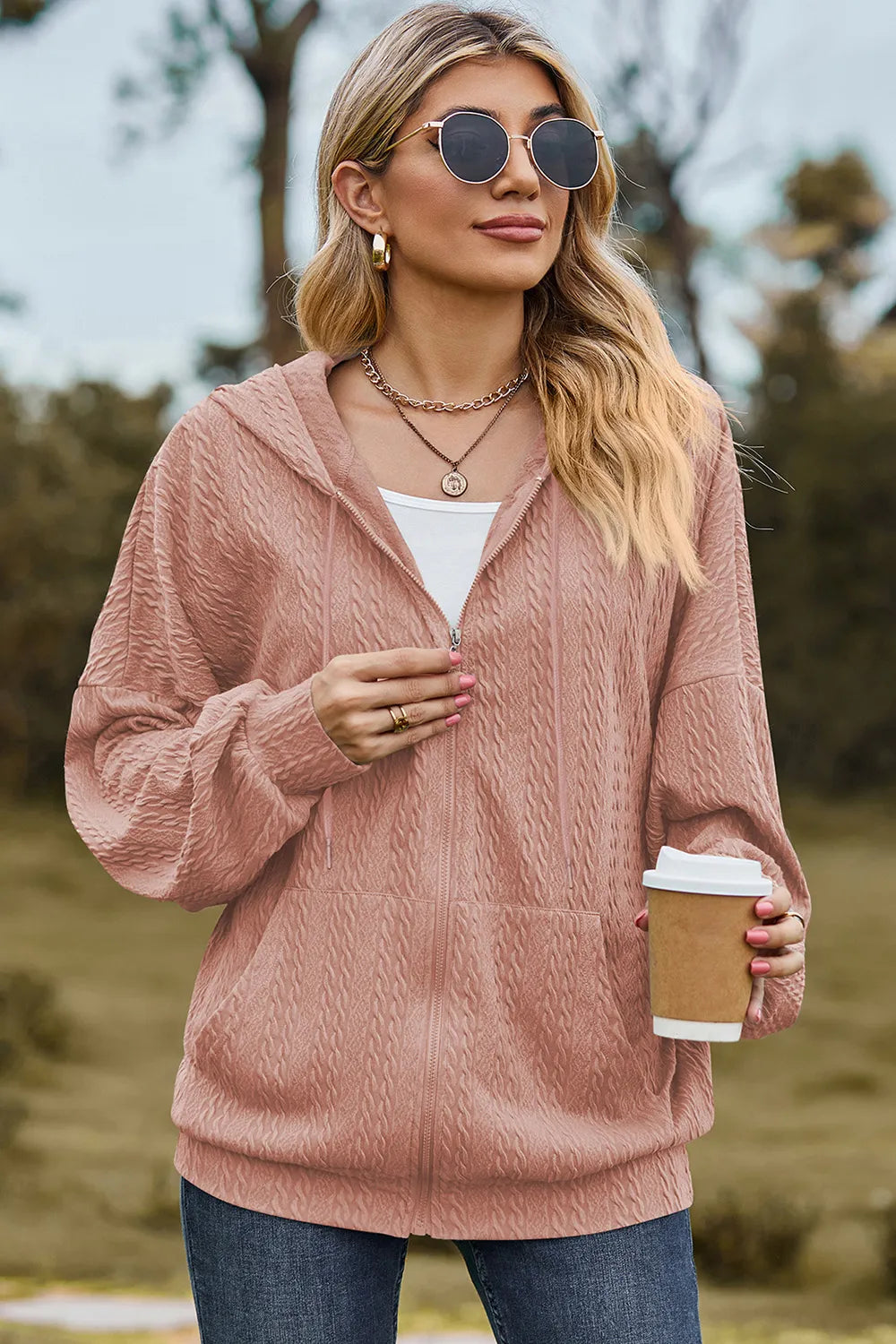 Drawstring Zip Up Dropped Shoulder Hoodie (23)