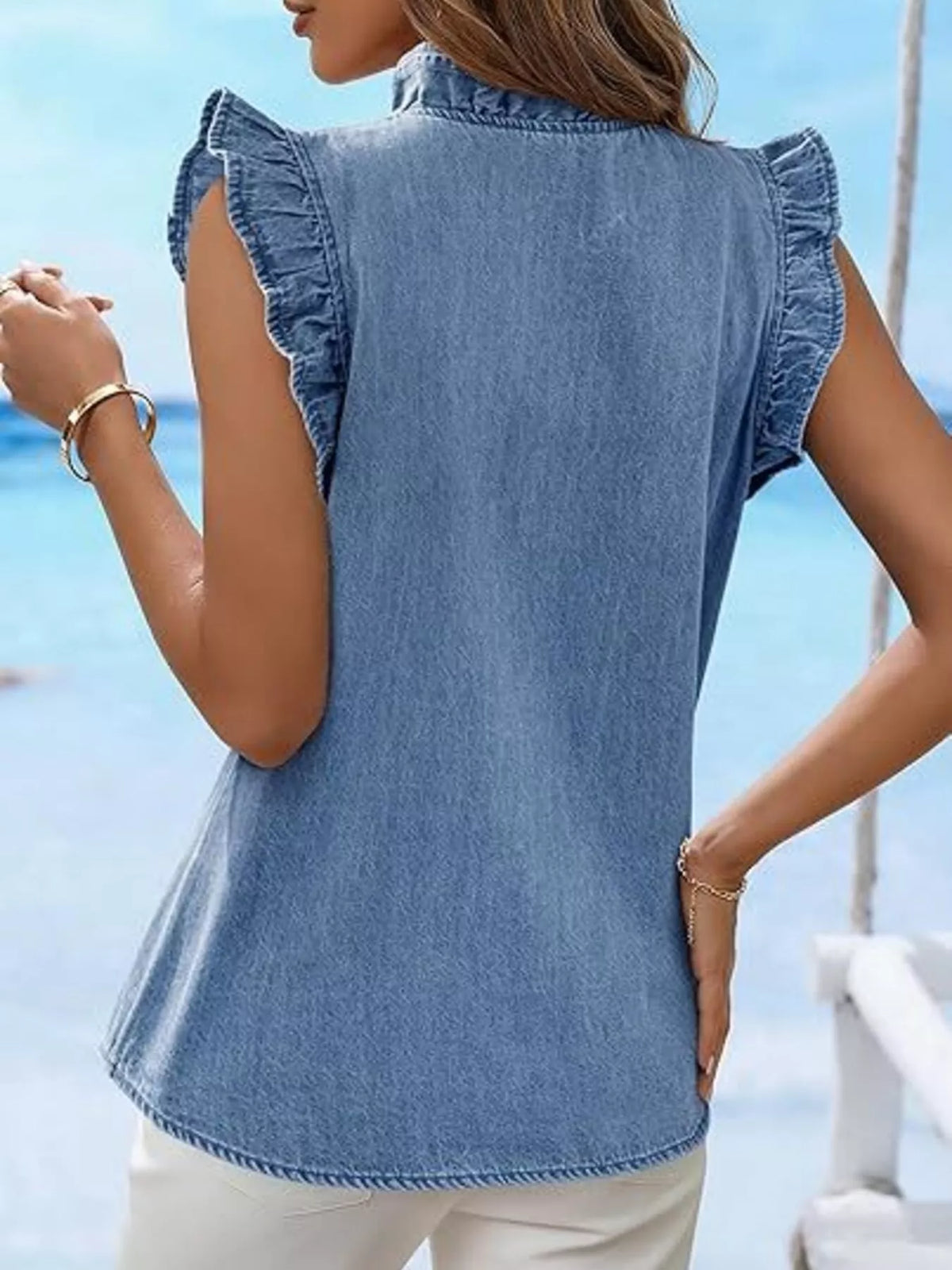 Ruffle Trim V-neck Sleeveless Denim Top (3)