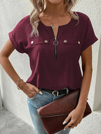 Casual Zipper Front Short Sleeve Blouse (8)