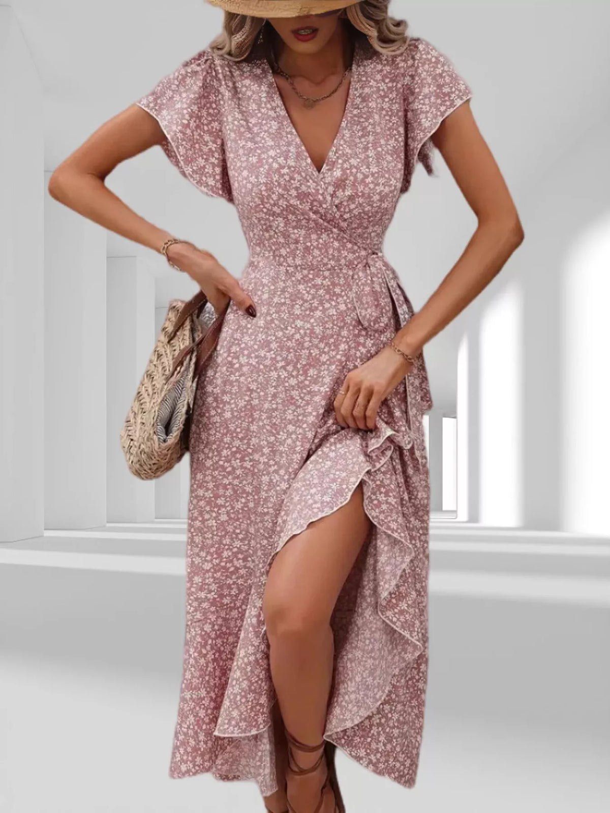 Floral Print Ruffle Hem Wrap Midi Dress (9)