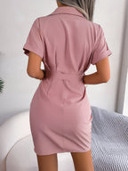 Button Down Ruched Tie Belt Dress (6)