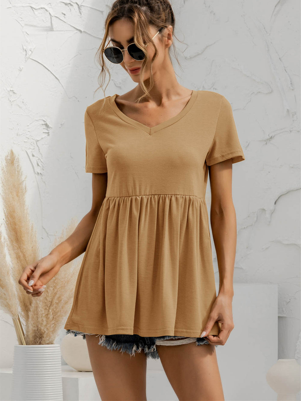 V-neck Short Sleeve Babydoll Top (3)