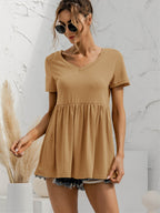 V-neck Short Sleeve Babydoll Top (3)