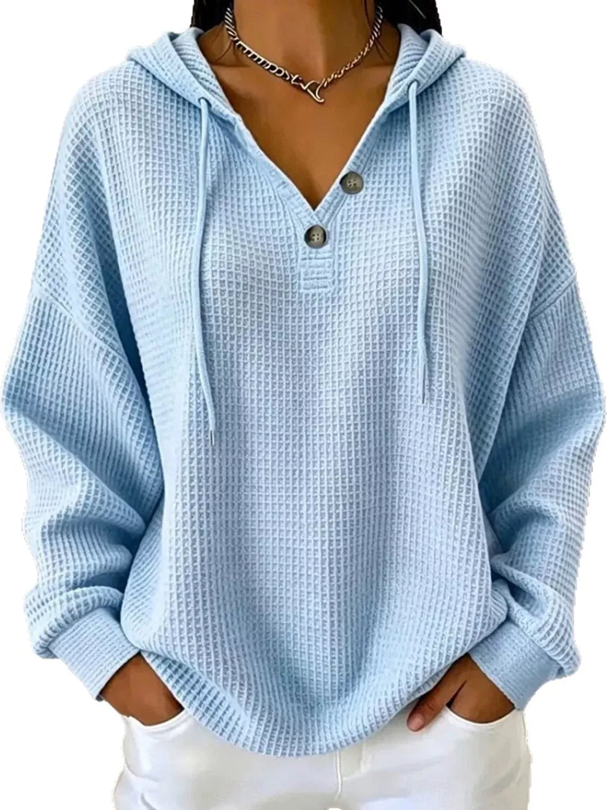 Full Size Waffle Knit Button Detail Hoodie Plus (5)
